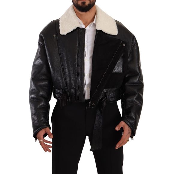Dolce & Gabbana Black Leather Shearling Biker Coat Jacket - Picture 6 of 6